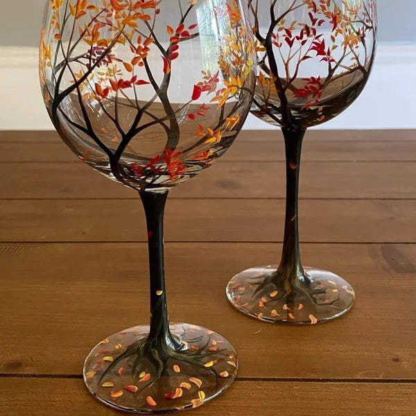 Four Seasons Tree Wine Glasses - Hand Painted Art